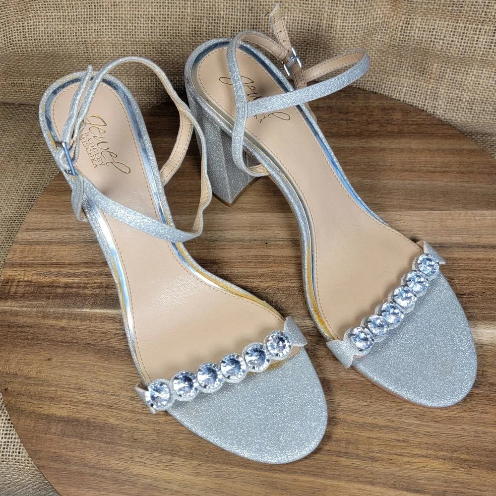 Jewel Badgley Mischka Heels Rhinestone Glitter Silver Glam Sandals‎ Women's 11